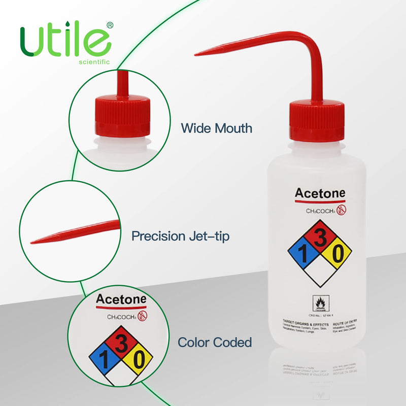 Utile 4pcs of Vol. 17oz (500ml) Acetone Wash Bottles, Narrow Mouth, Self-Venting Safety Squeeze Bottle, LDPE Material with PP Material Closure, 5511.0171.4 4pcs of Acetone Wash Bottles