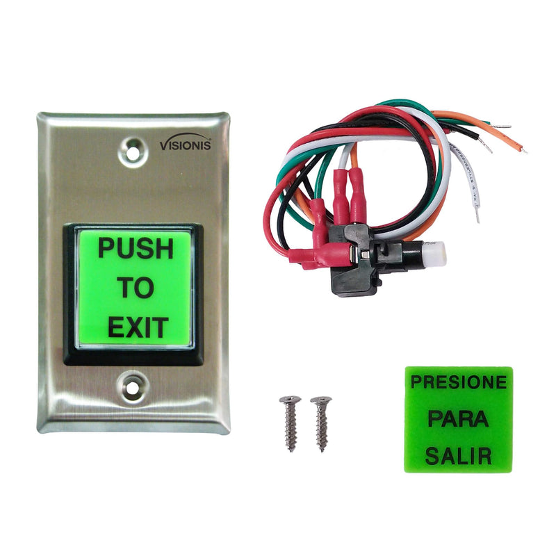 Visionis Push to Exit Button VIS-7000 Indoor Green Square Request to Exit Stainless Steel for Door Access Control with LED Light, NC, C and NO Outputs Pack of 1