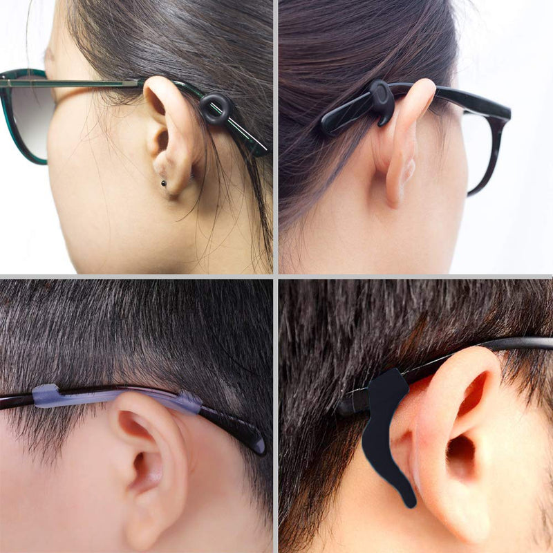 Benvo 12 Pairs Eyeglasses Retainers Silicone Glasses Temple Holders Anti-slip Protectors Comfort Eyewear Spectacle Stay Put Glasses Stoppers for Sport, Study(4 Variety Designs in Black, Clear, Brown) Black+clear+brown