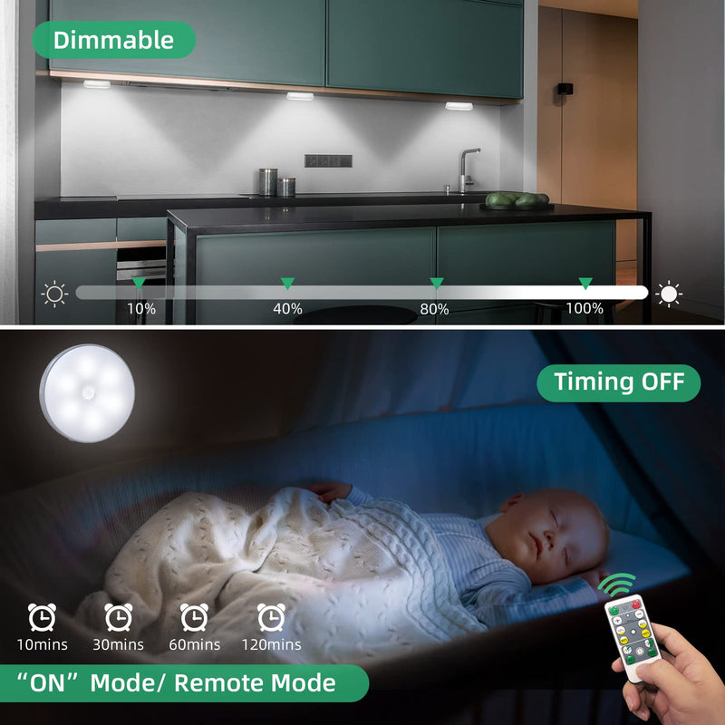LED Closet Lights Wireless Motion Sensor Step Lights, USB Rechargeable Battery Operated Puck Lights with Remote, Dimmable Under Cabinet Lighting for Counter, Kitchen, Stairs (3 Pack) Cool White 3 Pack