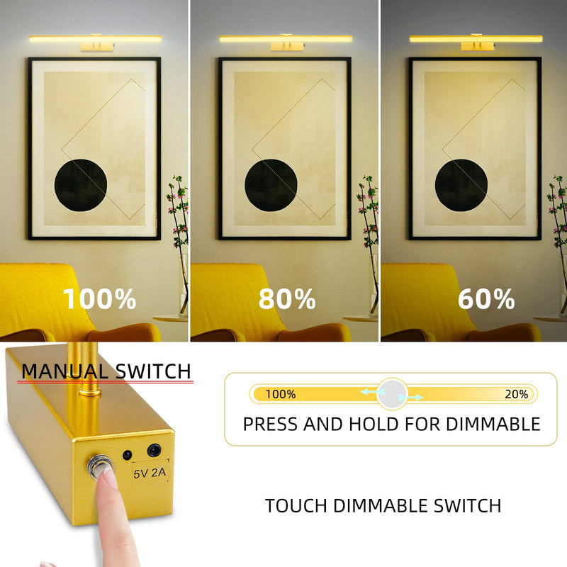 FUNCHDAY Picture Light,5000mAh Battery Operated Picture Light for Wall,Wireless Remote Painting Light with Timer and Dimmable,16”Metal Art Light for Display,Artwork,Portrait,Gallery-Gold Gold 16"