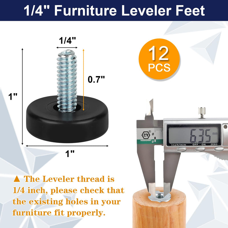 1/4" Thread Furniture Feet Levelers, 12 PCS Adjustable Furniture Feet Threaded Screw in, Leveling Feet Screw On Furniture Glide Leveling for Table, Cabinets, Chairs, Stool Legs 1/4"-20