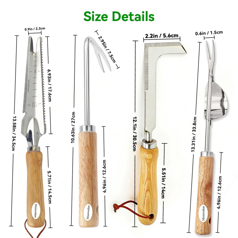 4PCS Garden Weeding Tool Set, Hand Weeder Tools with Wooden Handles, Double Claw Root Hook, V-Shape Weed Puller, Crack Weeder & Stainless Steel Garden Trowel for Digging, Planting & Weed Removal