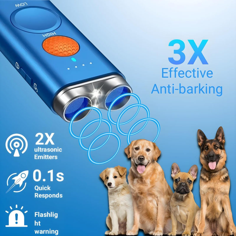 Dog Bark Deterrent Device 3 in 1 Ultrasonic Anti Barking Device with Dual Emitters 50ft Range Rechargeable Portable Training Tool with 2X Power Safe Bark Control for All Breeds Indoor outdoor (BLUE) BLUE