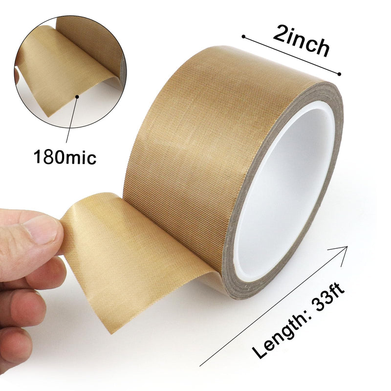 Teflon Glass Cloth Tape, (2-inch x 33 Feet x 0.18mm) High Temperature PTFE Coated Fiberglass Adhesive Tape for Vacuum Sealer Machine, Hand Impulse Sealers Insulation (2inches x 33feet) 2inches x 33feet