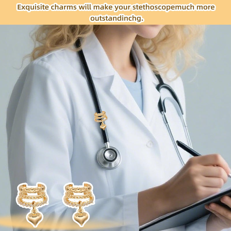 2 Pcs Brass Heart Stethoscope Charms for Nurses Personalized Cubic Zirconia Stethoscope Charm Love Heart Gifts for Nurse Graduates Doctor Surgeons and Medical Assistant(Gold) Gold Heart