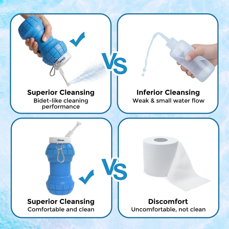 2Clean Portable Bidet Travel Handheld Compact - Collapsible & Expandable Sprayer for Women, Pressure Camp Size Companion, Handy Toilet Hygiene Water Spray, Personal Held Cleansing Tool - 550ml (Blue) Blue