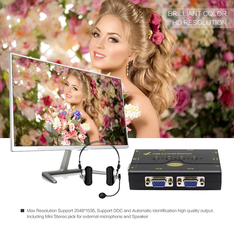 4 Port VGA KVM Switch with USB Hub and Audio Support Wireless Keyboard Mouse Connection and Push Button Switching Function 41UA