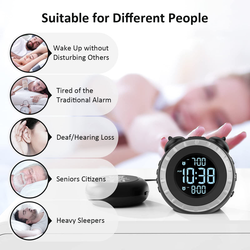 uscce Loud Dual Alarm Clock with Bed Shaker - 0-100% Dimmer, Vibrating Alarm Clock for Heavy Sleepers or Hearing Impaired, Easy to Set, USB Charging Port, Snooze, Battery Backup Black