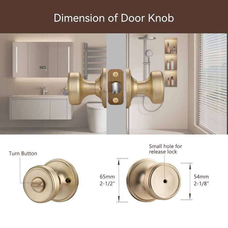 Gold Pismo Doorknob for Privacy, Bathroom Door Knob with Turn Lock, Satin Brass Door Knob with Lock