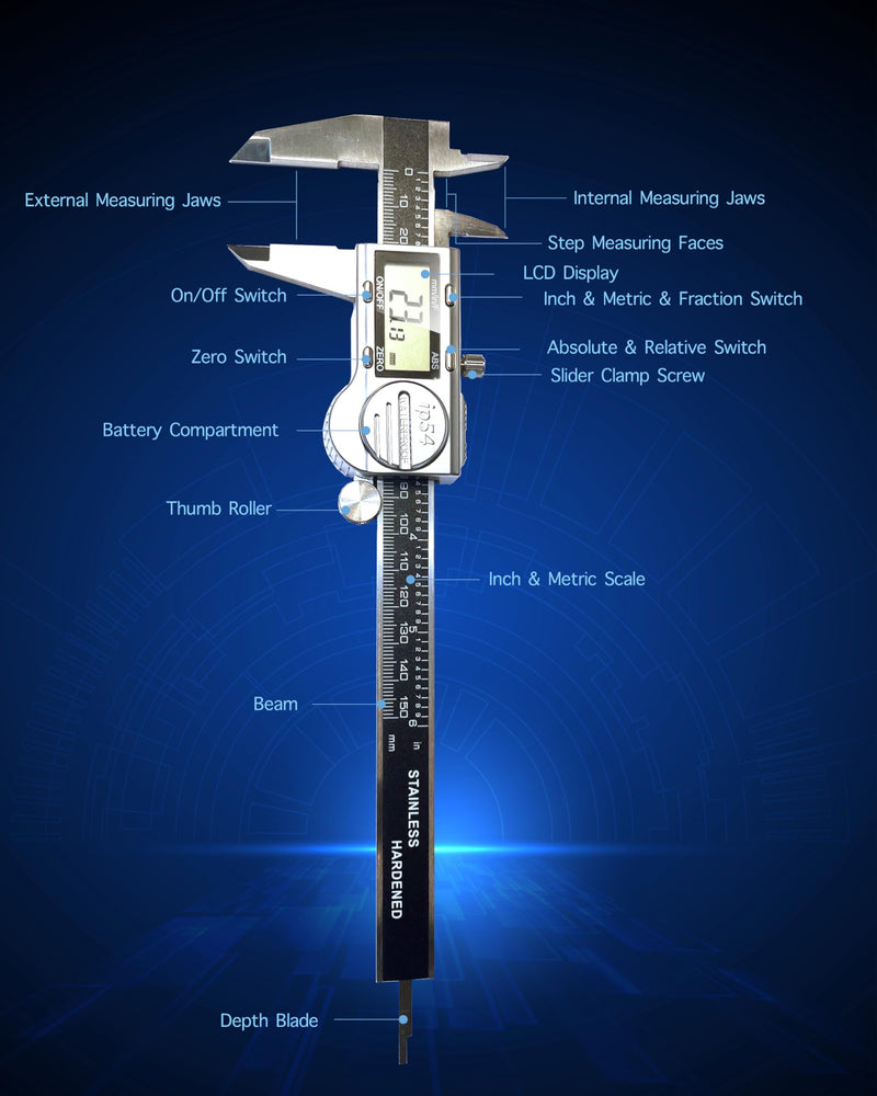 Digital Caliper Measuring Tool, 6 Inch with Feeler Gauges, IP54 Waterproof Stainless Steel, MM/Inch/Fraction, (ABS) Absolute Scale Calipers, Auto-Off LCD Micrometer Vernier Caliper