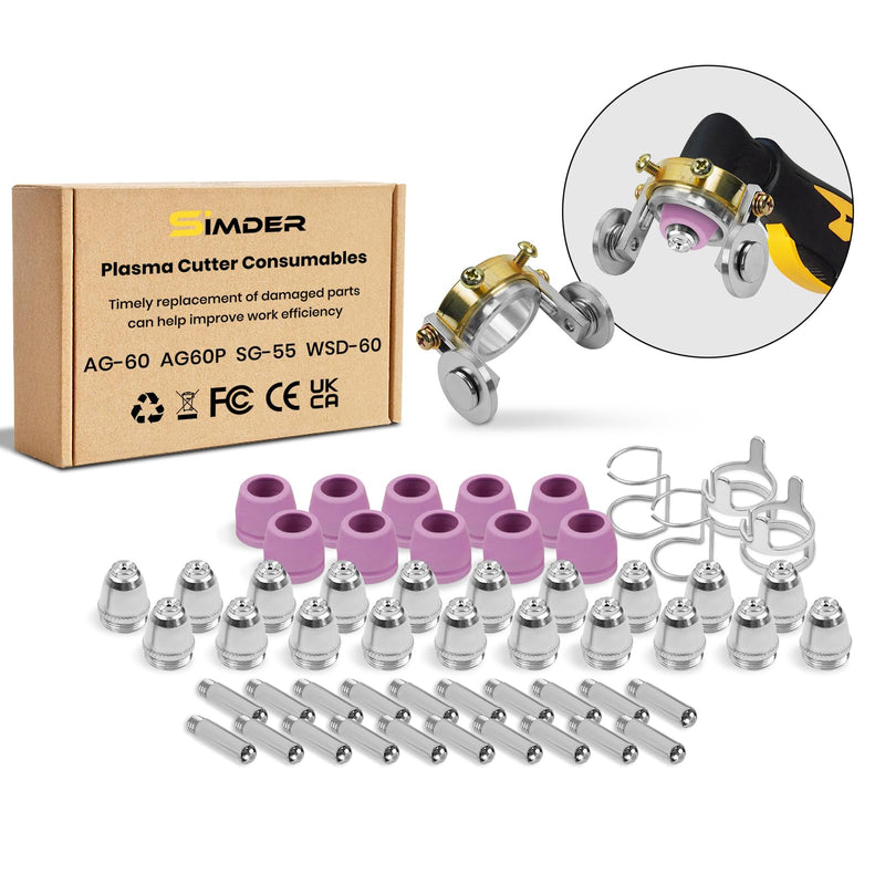 SSimder AG60P Plasma Cutter Torch Consumables 55Pcs Cutting Torch Tip Nozzles Kit With Roller Guide Wheel Spacer For SG-55 AG-60 WSD-60 CUT50PRO