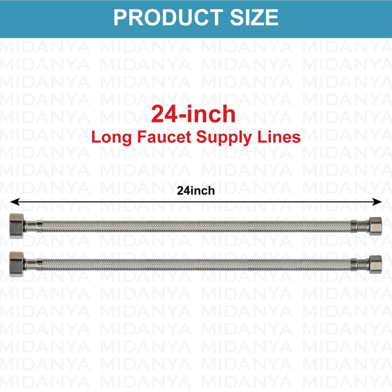 Midanya Faucet Supply Lines,24" Stainless Steel Braided Water Supply Line, 1/2" FIP x 3/8" COMP Faucet Hose, Faucet Hose Connector x 2 Pcs (1 Pair) 24 Inch