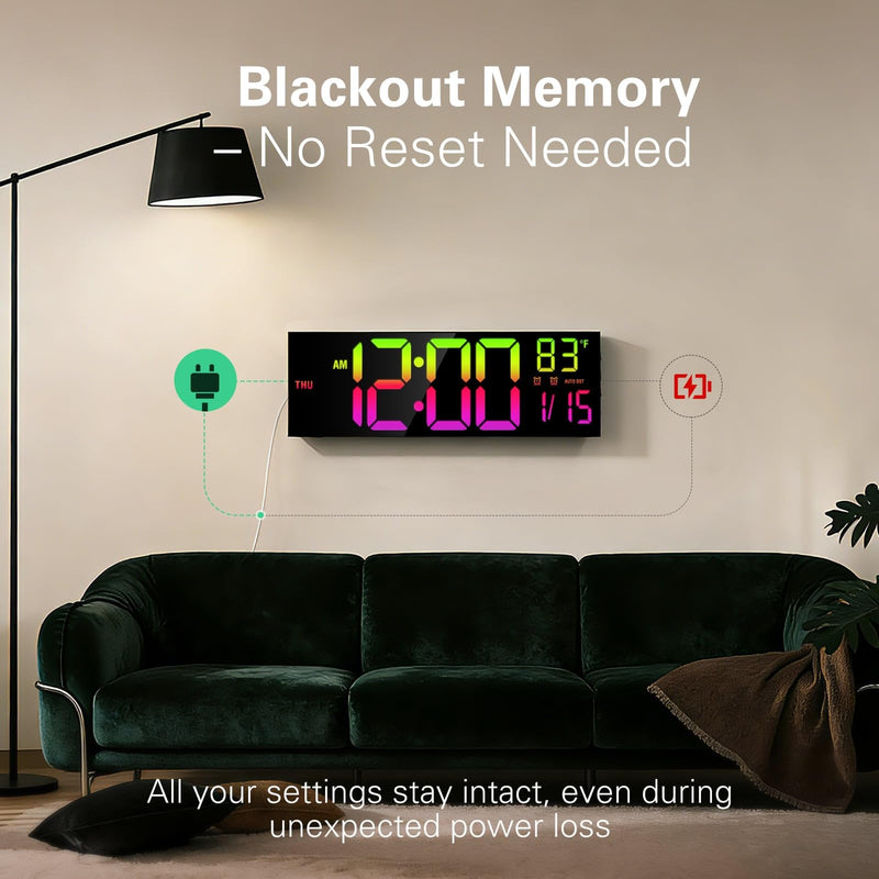 JALL 16.15 inch Large Digital Wall Clock, RGB Lights with Remote Control, Dual Alarms with Big LED Display, Auto DST, C° / F° Temperature for Classroom, Birthday Gift, Senior Black 16 inches