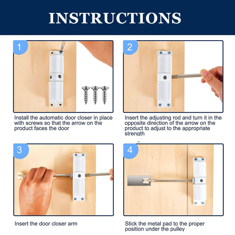 Automatic Door Closer, Zinc Alloy Safety Spring Door Closer Adjustable 30 kg Closing Door Hinge (White) White