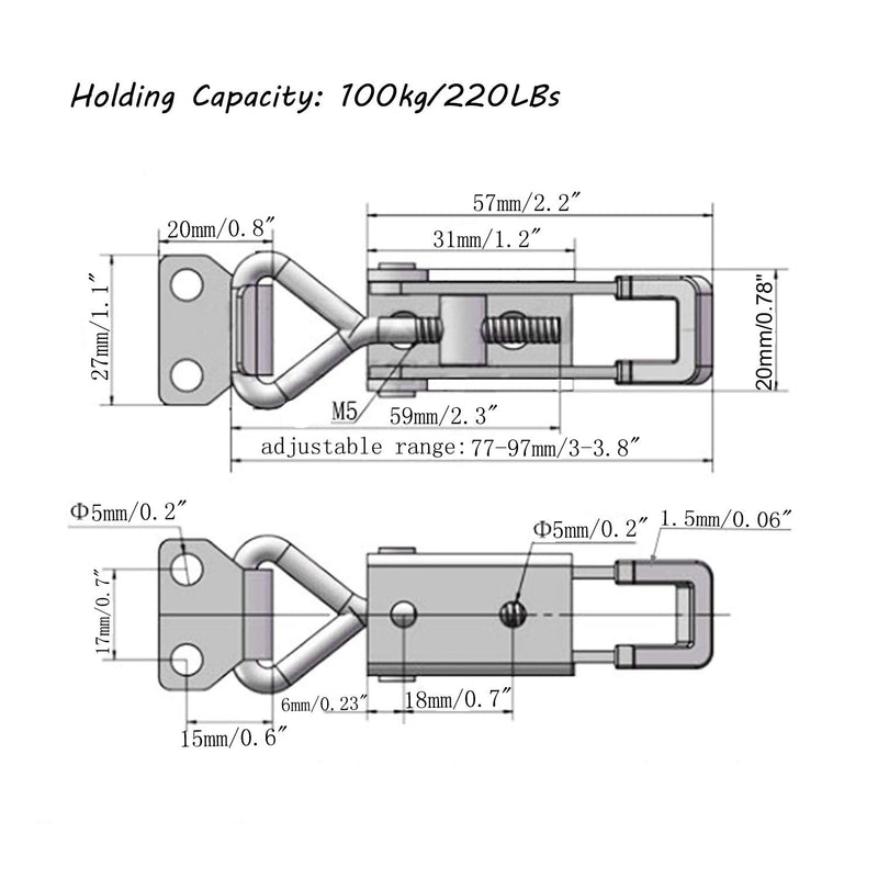 2pcs Toggle Latch Clamp 4001, Adjustable 304 Stainless Steel Pull Hasp Latches, Quick Release Hand Tool Toggle Clamp for Smoker Lid Jig,Case Trunk,Door,220Lbs Holding Capacity
