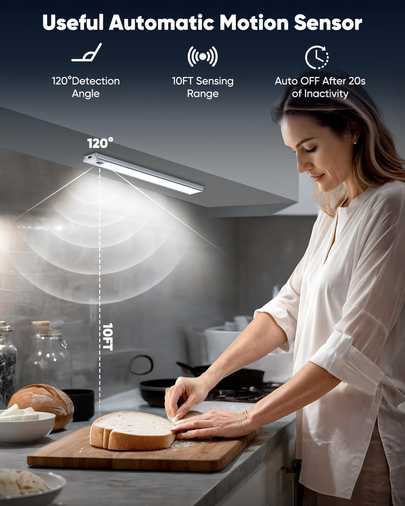 Under Cabinet Lighting, LED Battery Operated Rechargeable Motion Sensor Night Lights Indoor, 2200mAh Magnetic Wireless Closet Lights, 6500K Dimmable Under Counter Lights for Kitchen, Stair, 3 Packs 10inch - 3pack