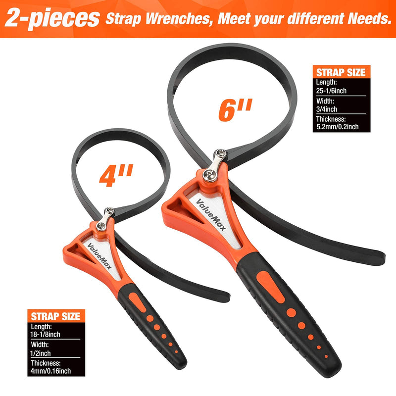 ValueMax 2-piece Strap Wrench Set, Adjustable Wrench with Max Diameter 4" (Small) and 6"(Large), Oil Filter Wrench Set, Jar Opener, Shower Head Wrench, Water Filter Wrench Orange