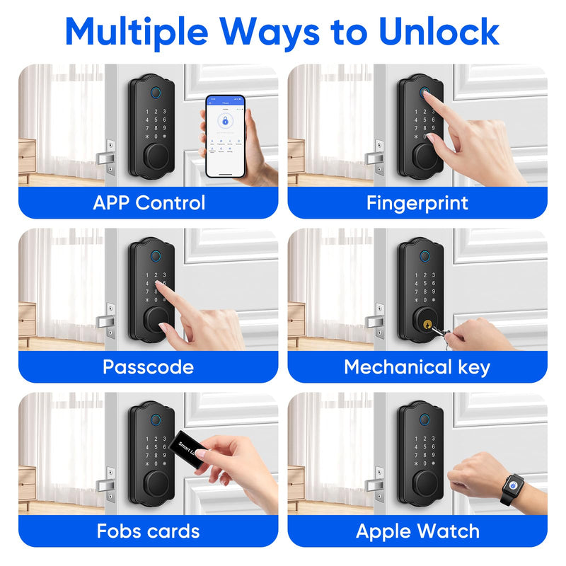 Fingerprint Smart Door Lock, Keyless Entry Deadbolt, Electronic Biometric Deadbolt with Phone/Watch App Control, Auto Lock with Touchscreen Keypad for Bedroom, Front Door, 7 Ways to Unlock without handle