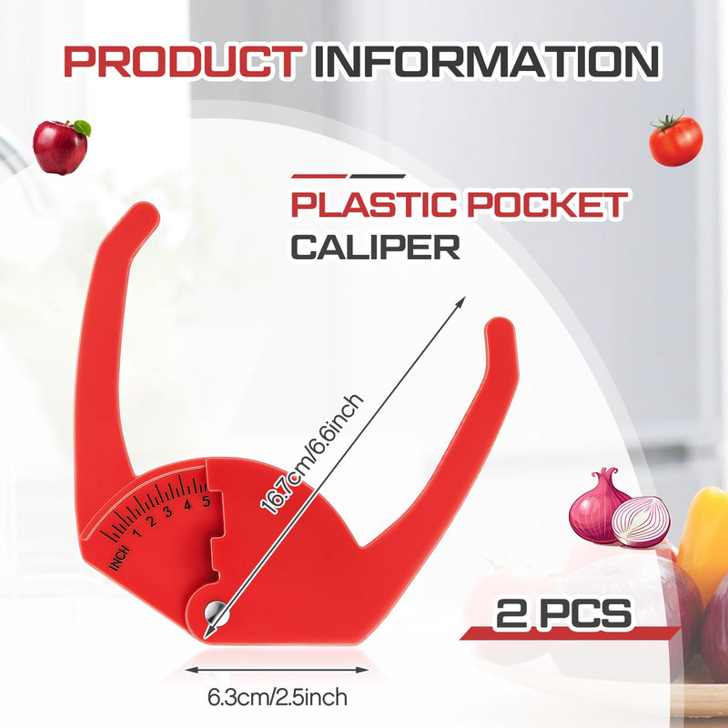 2 Pcs Plastic Pocket Caliper 7" Range Tree Caliper Measuring Tool for Onion, Fruit and Vegetable Diameter Measurement, 1/4 Inch Scale, Red, Easy to Read, Portable to Carry 2