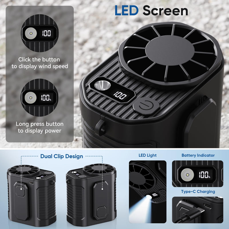 Portable Waist Fan, 10-Speed Body Fan with LED Light, Hands-Free Wearable Belt Clip Waist Fans, 10000mAh Personal Rechargeable Cooling Device, Dual Clips & Power Bank, for Camping, Outdoor, Jobsite Black