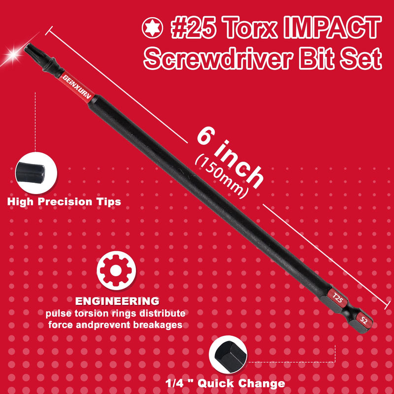 10 Pieces 6 In. T25 Impact Tough Magnetic Screwdriver Bit Set, #25 Torx Head Power Bits, S2 Alloy Steel Star Bits with Storage M-Box 6"-10pcs