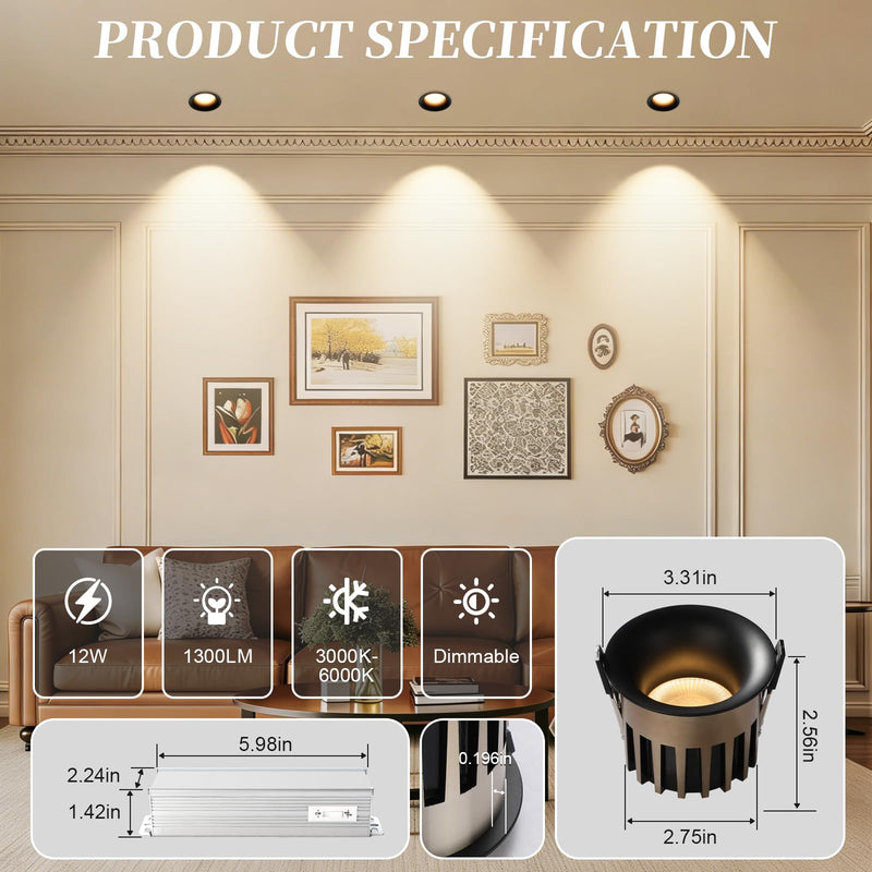 3 Inch Recessed Ceiling Light, Dimmable Recessed Lights with J-Box, 3CCT Trimless Soffit Canless Light 3000-6000K Selectable, 12W 1300LM Black Recessed Lighting for Living Room,Kitchen (2 PCS) Black-Gold 3 Inch-2 Pack