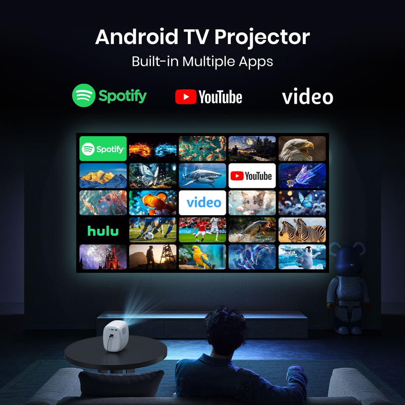 [AI Auto Focus/Built in apps] Mini Projector with WiFi 6 and Bluetooth 5.2 Auto Correction 1080P 4K Support & Android TV OS, Built in High-end speakers, Portable Projector Home Outdoor, White