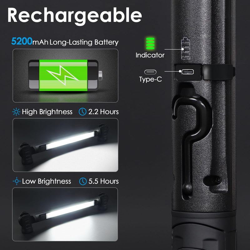 Work Light, 2500LM Ultra Bright, 5200mAh Rechargeable LED Work Lights, Magnetic Underhood Work Light Bar with Hooks, Portable Mechanic Light for Car Repairing/Inspection/Garage/Workshop/Emergency Black - NewNest Australia