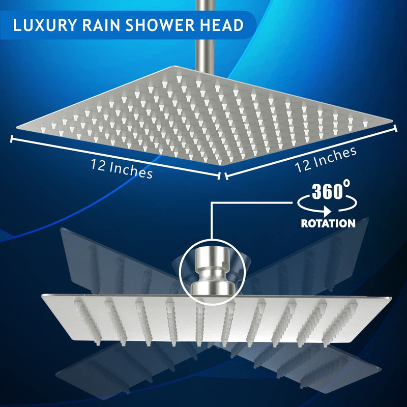 Voolan Rain Shower Head - High Flow Large Rainfall Shower Heads Made of Stainless Steel - Waterfall Bathroom Square Showerhead - Ceiling or Wall Mount (12" Brushed Nickel) 12 Inch