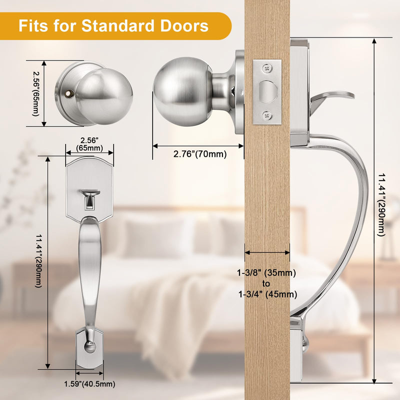 Probrico Brushed Nickel Front Door Handleset,Exterior Front Door Handle with Interior Door Knob, Front Door Knob Reversible for Right and Left Handed,1 Pack 1