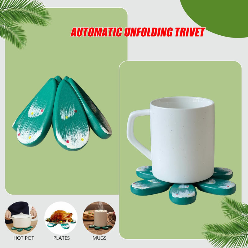 Christmas Tree Shaped Coasters and Trivet Set, 3-Piece Folding Wooden Mat for Drinks,Plates,Pots,Automatic Unfolding Design Table Protection Coasters Practical Gift Idea for Christmas