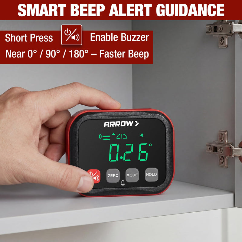 ARROW Digital Angle Gauge with Magnetic Base for Table Saw, Woodworking, Pipe Installation, ±0.1° Accuracy Angle Finder with Calibration, Dual Range, Auto-Rotating LCD Display with Audible Indicator