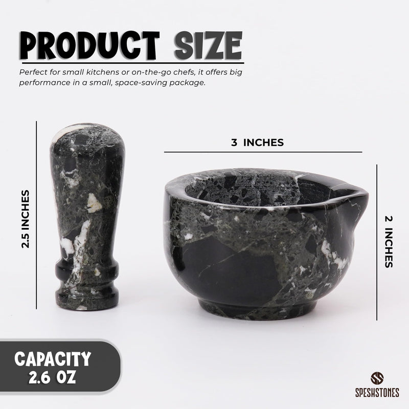 Marble Mortar and Pestle Set 3 Inch Black Handmade Small Spice Grinder for Kitchen Decor - Stone Pill Crusher Fine Powder, Herb Grinding Bowl, Garlic Crusher