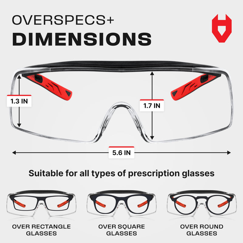 NoCry Safety Glasses Over Eyeglasses for Men and Women with Anti Scratch Lenses and Integrated Side Shields — Adjustable Temples with Anti-Slip Tips — 100% UV Protective Eyewear — ANSI Z87 Certified Black & Red Anti-Scratch