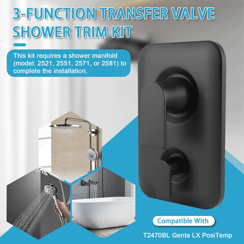 T2470BL Shower Handle 3-Function Transfer Valve Shower Trim Kit, Replacement for Moen T2470BL Genta LX Posi Temp Series, Matte Black (Valve Not Included)