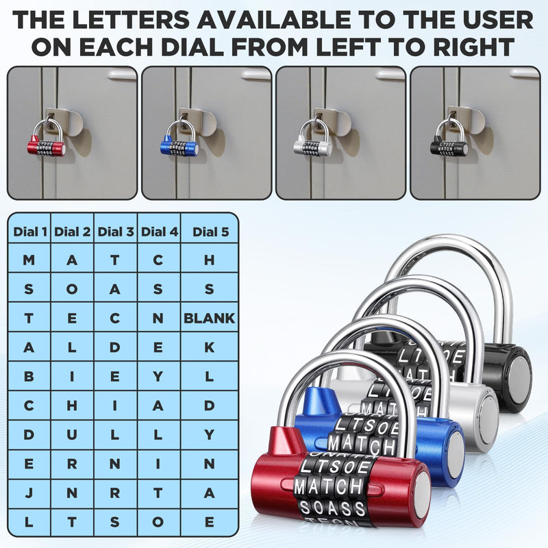 4 Pack 5 Letter Combination Lock - Keyless Resettable Word Padlocks for Gym Lockers, Toolboxes, Cabinets & Hasp - Heavy Duty Zinc Alloy, 5 Digit Combo (Black, Silver, Red, Blue)