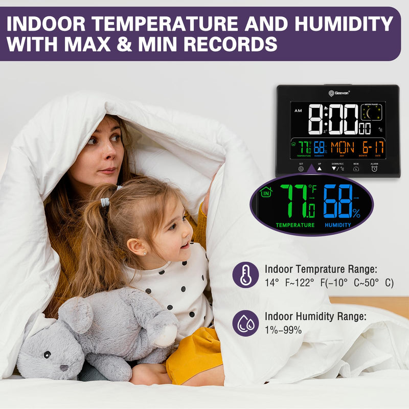 Geevon Digital Atomic Alarm Clocks for Bedrooms, Color VA Display Atomic Clock with Indoor Temperature and Humidity, DST, Dimmable Backlight, 2 USB Ports, Calendar, and Moon Phases