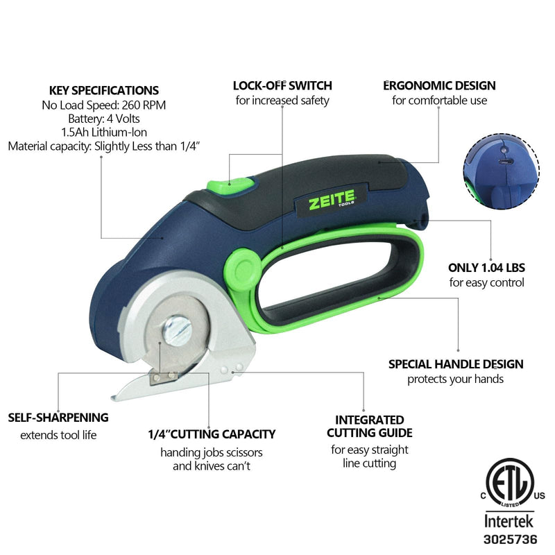 ZEITE 4V Cordless Electric Scissors, Cardboard Cutter with 2 x Blade, 1 x Storage Box, 1 x USB Charging Cable, Electric Cutter, Power Rotary Scissors for Box Carpet Plastic, Easy to Hold and Safety Blue