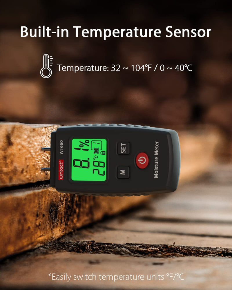 Wintact Pocket Wood Moisture Meter, Pin Type Water Leak Detector, Digital Moisture Tester for Lumber, Firewood, Walls, Drywall, Paper, Brick, Concrete Building Material Black