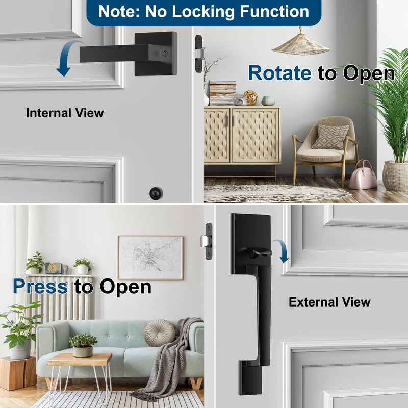 Black Front Door Handle No Lock, Exterior Entry Door Handle with Interior Passage Levers, Front Door Lock Set for Left Right Handle Doors, Deadbolt Set Not Included, Non-Locking