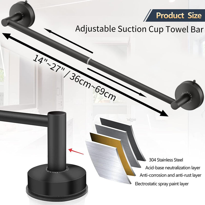 DGYB 2 Pcs Adjustable Suction Cup Towel Bar for Bathroom 14-27 Inch Matte Black Towel Rack No Drill Removable Shower Towel Holder for Glass Door Tile New-black 2pcs