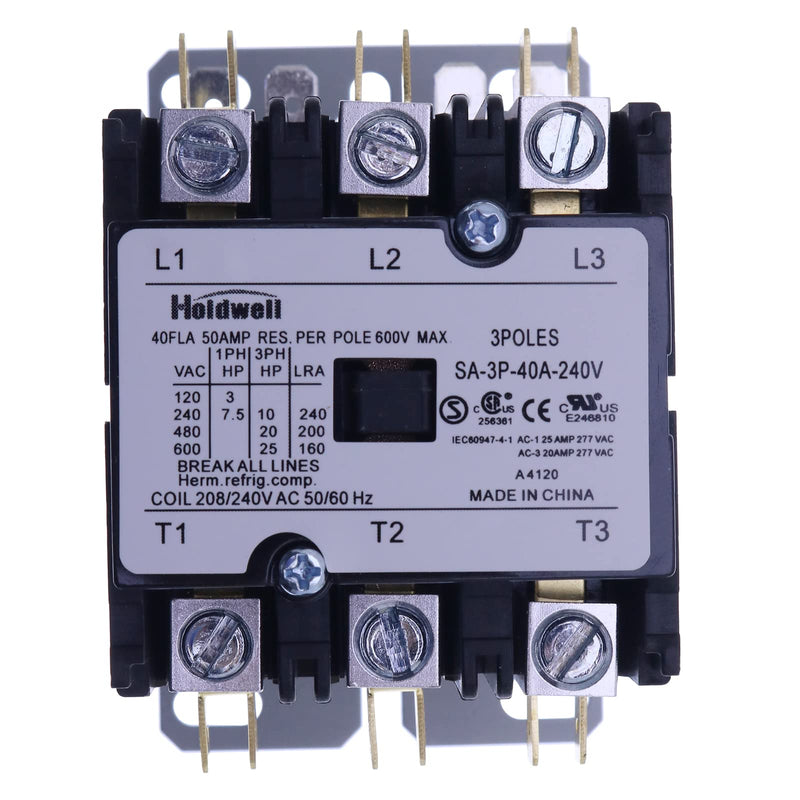 Holdwell SA-3P-40A-240V 3 Pole 40 Amp 240V Coil Definite Purpose Air Conditioner Contactor HSA-3P-40A-240V
