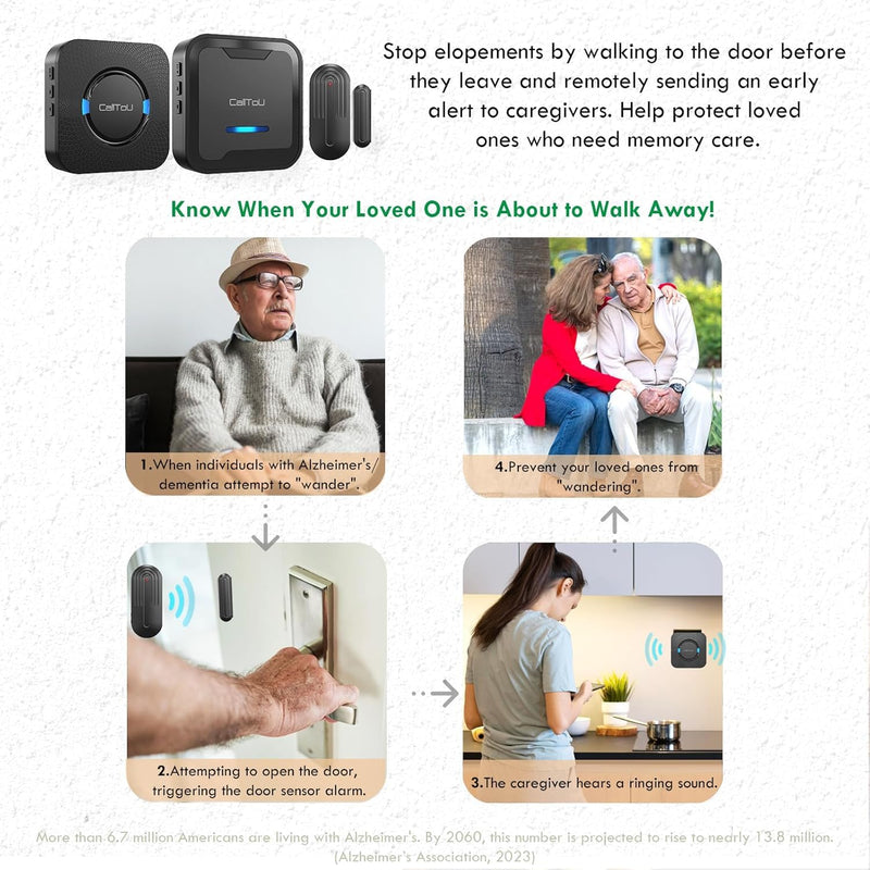 CallTou Door Alarms for Dementia, Wander Alert Door Alarm for Elderly Dementia /Patients/ Alzheimers, Wireless Door Chime Elderly Monitoring, Door Open Chime for Caregiver Home Care, Black