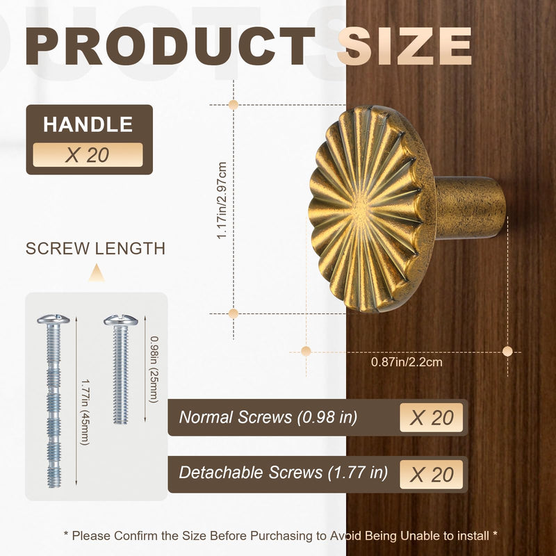 20 Pack Antique Brass Cabinet Knobs, Vintage Drawer Knobs Dresser Pulls Zinc Alloy Flat Kitchen Hardware Handles with Screws for Home Bathroom Cupboard Closet Wardrobe, 1.18" Diameter 20