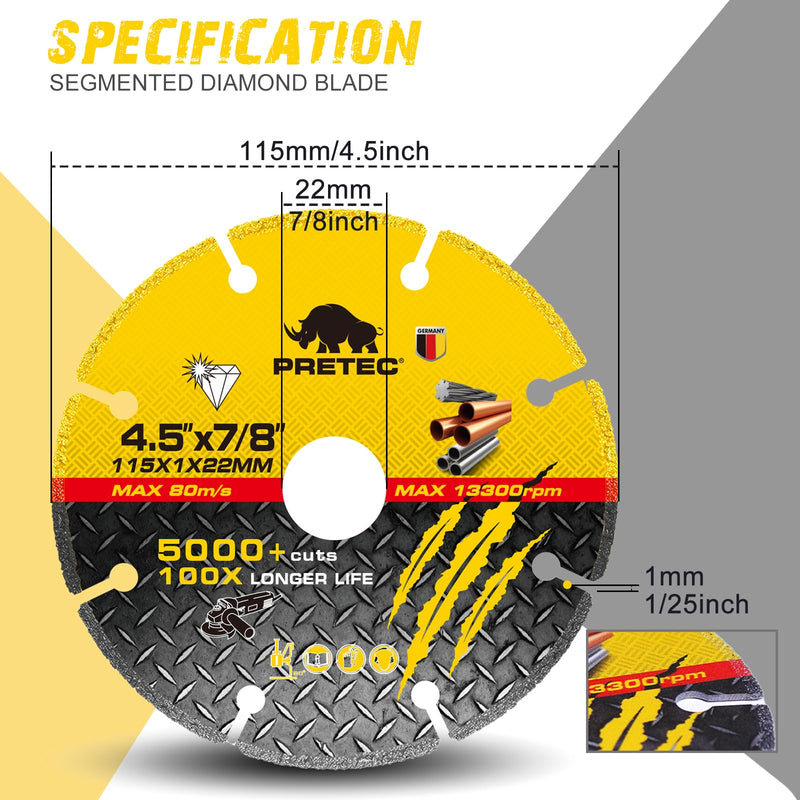 4 1/2 Inch Diamond Cutting Wheel, Metal 4 1/2'' Cut Off Wheel with 7/8" Arbor Hole, Angle Grinder Cutting Disc with 5000+ Cuts on Rebar, Steel, Iron and INOX, 100x Longer Wheel Life-1 Pack Diamond Cutting Wheel-4-1/2"