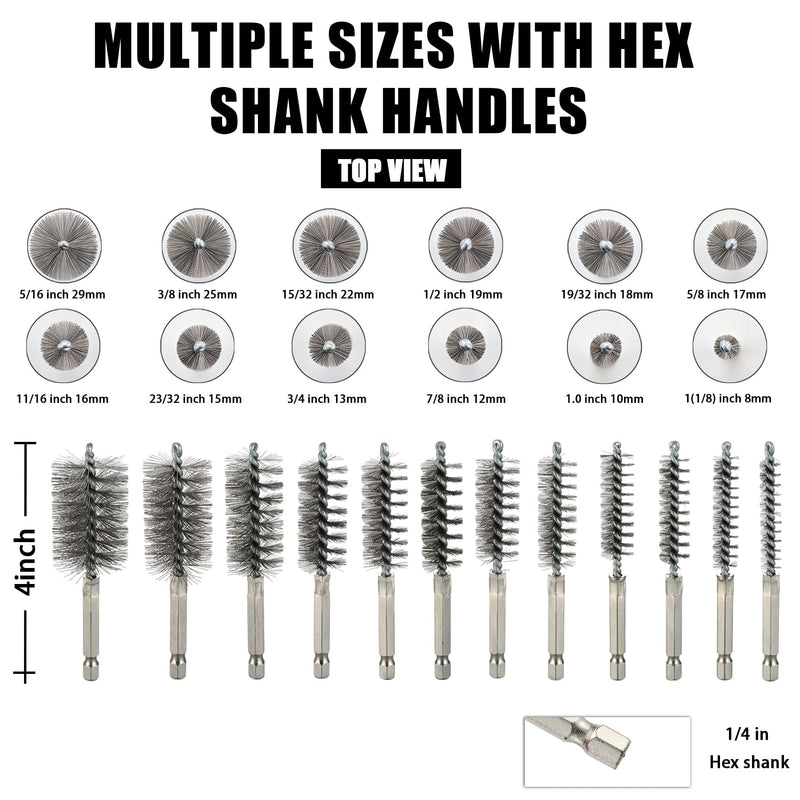 MAXMAN Wire Brush for Drill, 12pcs Stainless Steel Bore Brush with 1/4” Hex Shank, Durable Metal Bristles Twisted, 12 Size for Metal, Pipes, Tubes Cleaning, Rust & Paint Removal, Fits Power Drill Stainless Steel-12 Piece