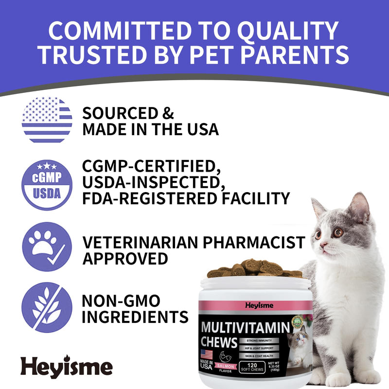 Lysine Supplement for Cats, Cat Treats for Sneezing and Runny Nose, Cat Cold, Cat Immune Support, Eye Function, and Respiratory Health, L-Lysine Cat Vitamins for Cats (Salmon, 120 Chews)