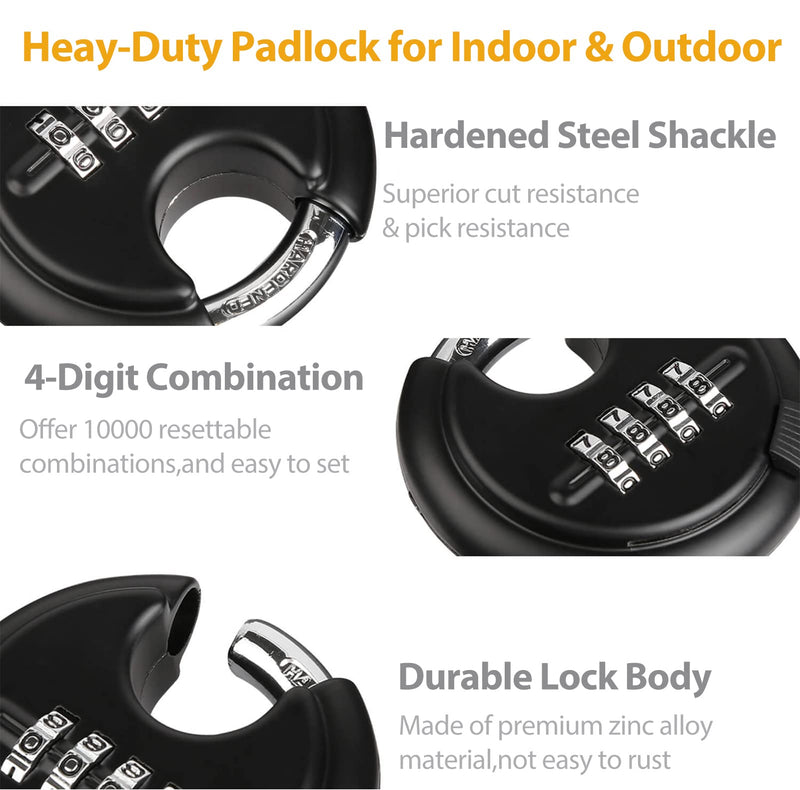 DAYGOS Combination Disc Padlocks for Outdoor - Heavy Duty 4 Digit Code Lock, Combo Discus Lock for Storage Unit,Gate,Fence,Trailer,4PCS,Black round disc padlock Black-4Pcs