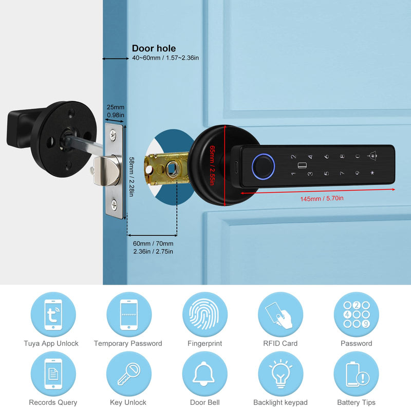 Smart Door Lock 5-in-1 Door Handle Electronic Keypad Supports Password APP IC Card Fingerprint Key Biometric Digital Smart Door Lock Suitable for Home Office and Apartment